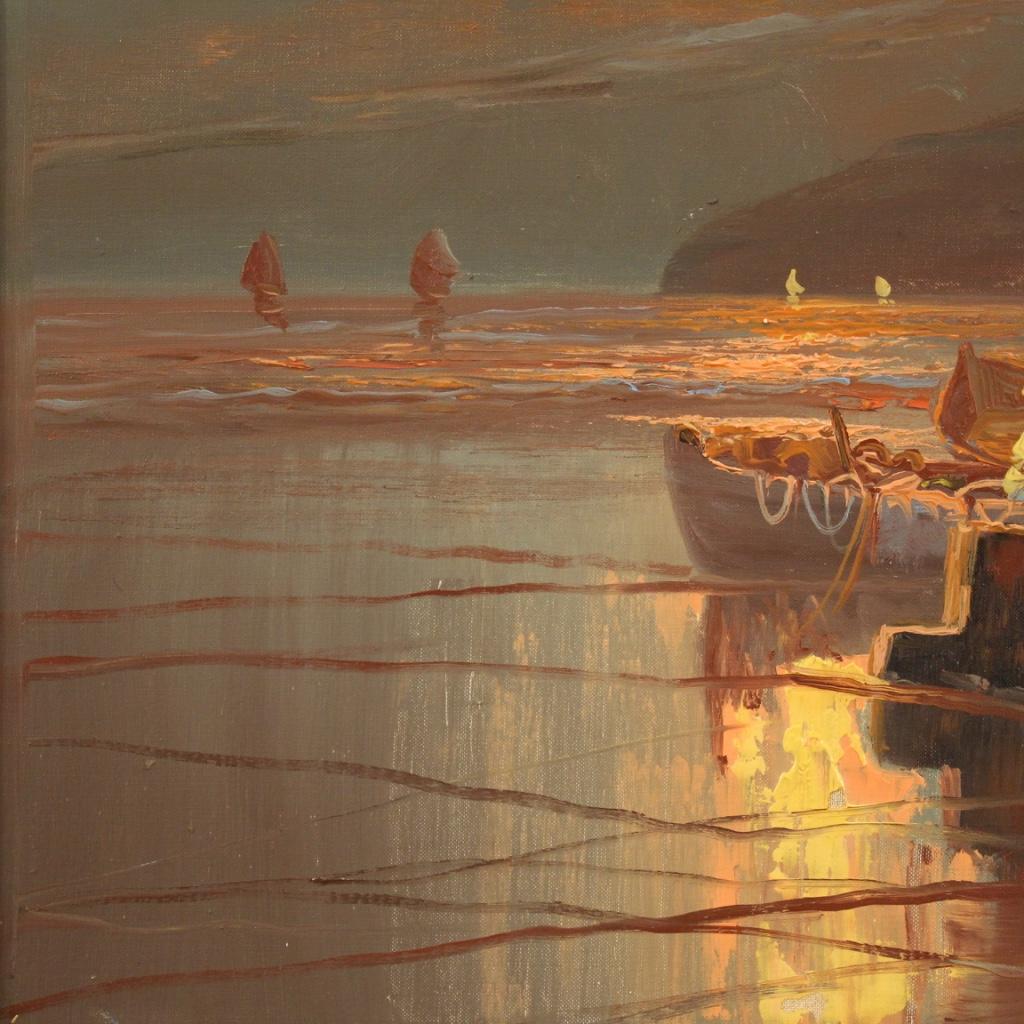 20th Century Oil on Canvas Italian Seascape Painting Fishermen at Dawn, 1960 3