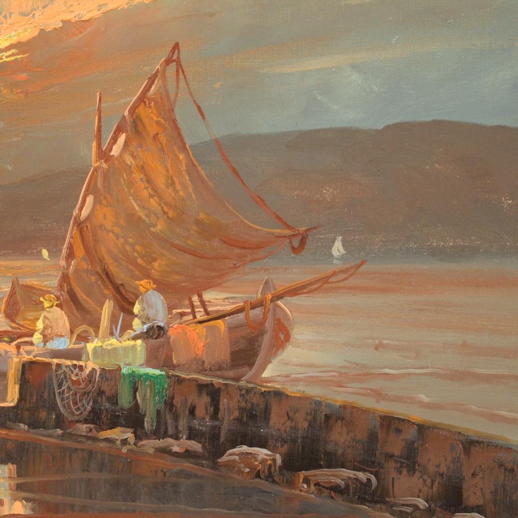 20th Century Oil on Canvas Italian Seascape Painting Fishermen at Dawn, 1960 4