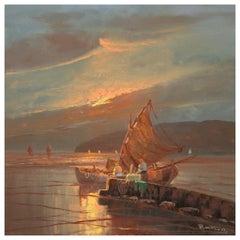 20th Century Oil on Canvas Italian Seascape Painting Fishermen at Dawn, 1960