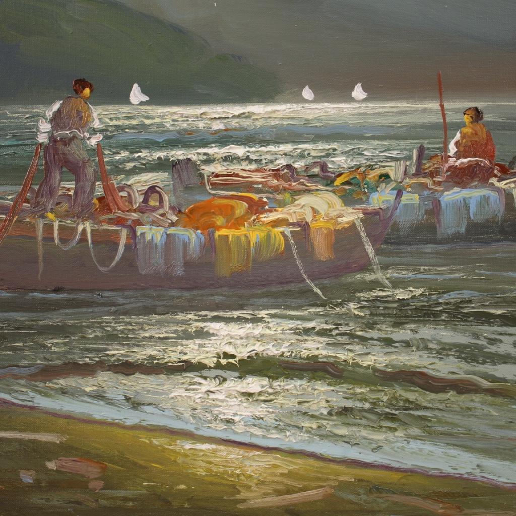 20th Century Oil on Canvas Italian Seascape Painting Fishermen at Sunset, 1960 7