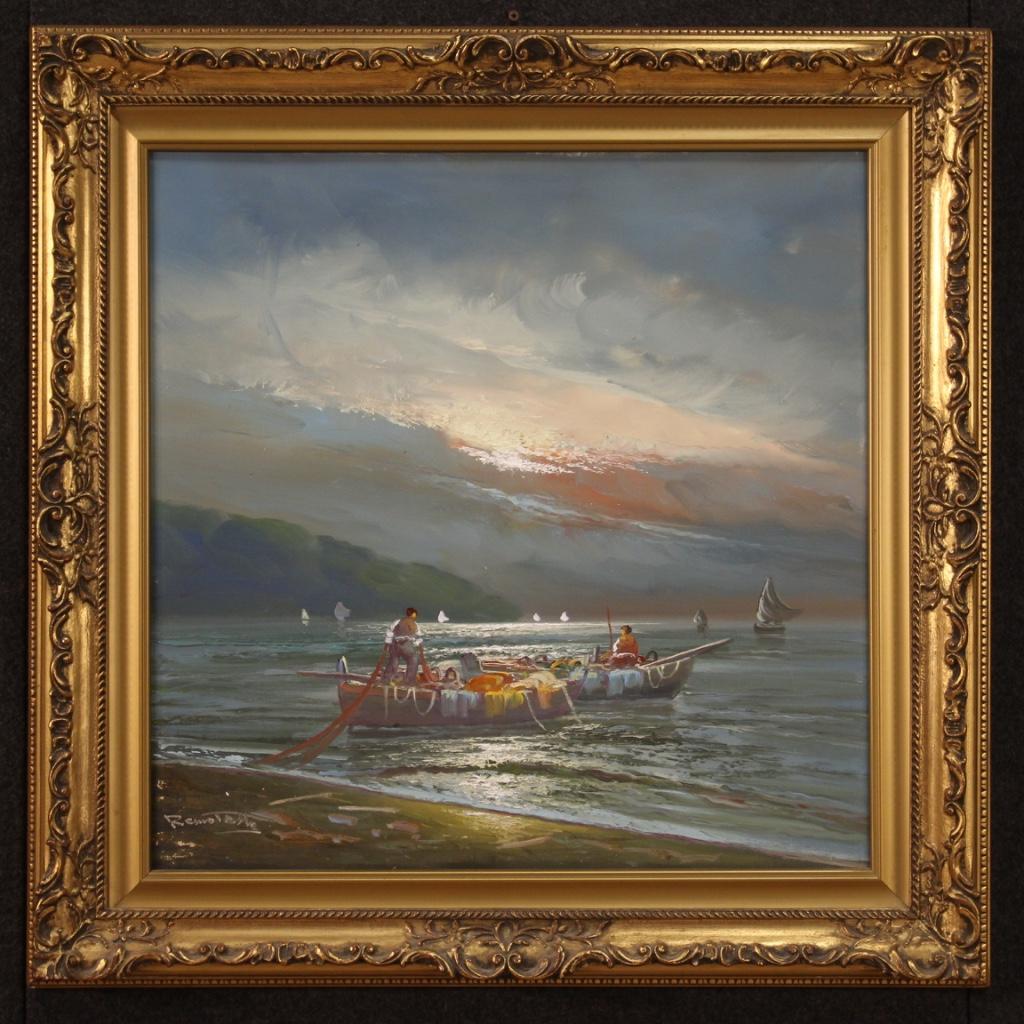 Italian painting from the 50s / 60s. Framework oil on canvas depicting a seascape with boats and fishermen at sunset, of good pictorial quality. Painting of beautiful size and pleasant decor signed lower left (see picture) referable to Remo Testa,