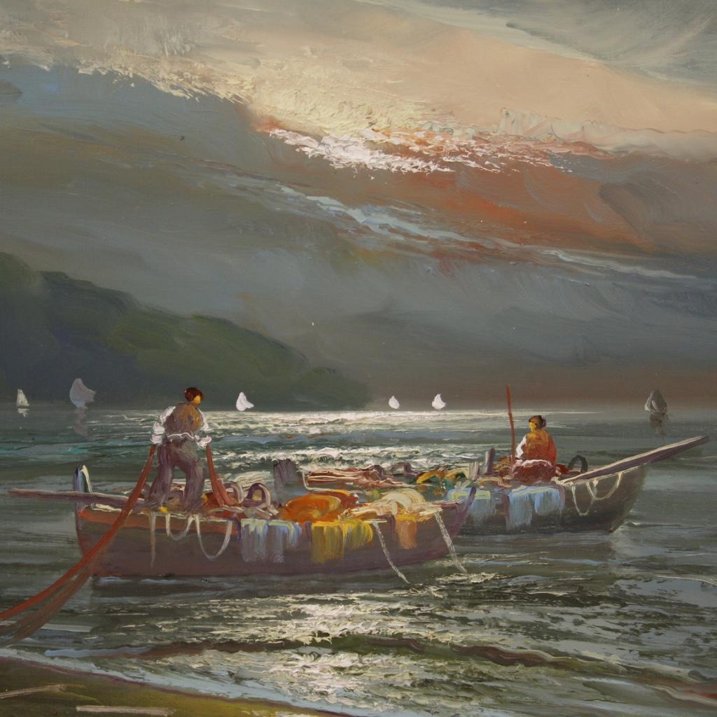 20th Century Oil on Canvas Italian Seascape Painting Fishermen at Sunset, 1960 2
