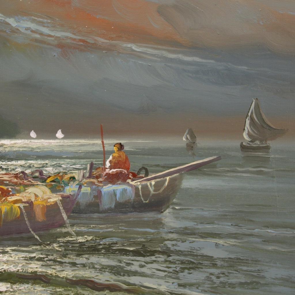 20th Century Oil on Canvas Italian Seascape Painting Fishermen at Sunset, 1960 3