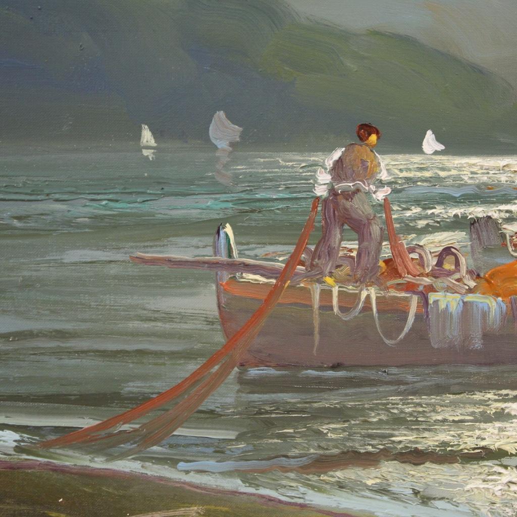 20th Century Oil on Canvas Italian Seascape Painting Fishermen at Sunset, 1960 4