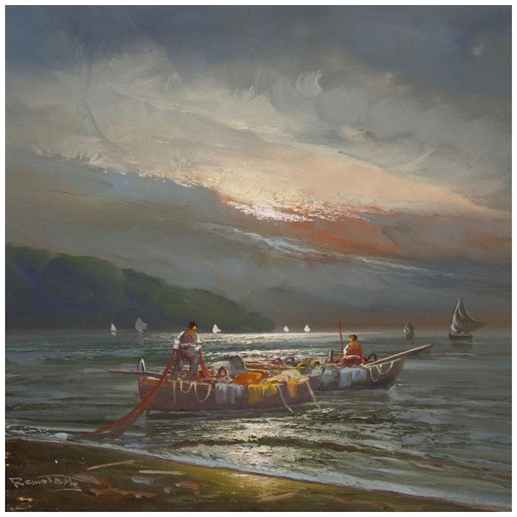 20th Century Oil on Canvas Italian Seascape Painting Fishermen at Sunset, 1960