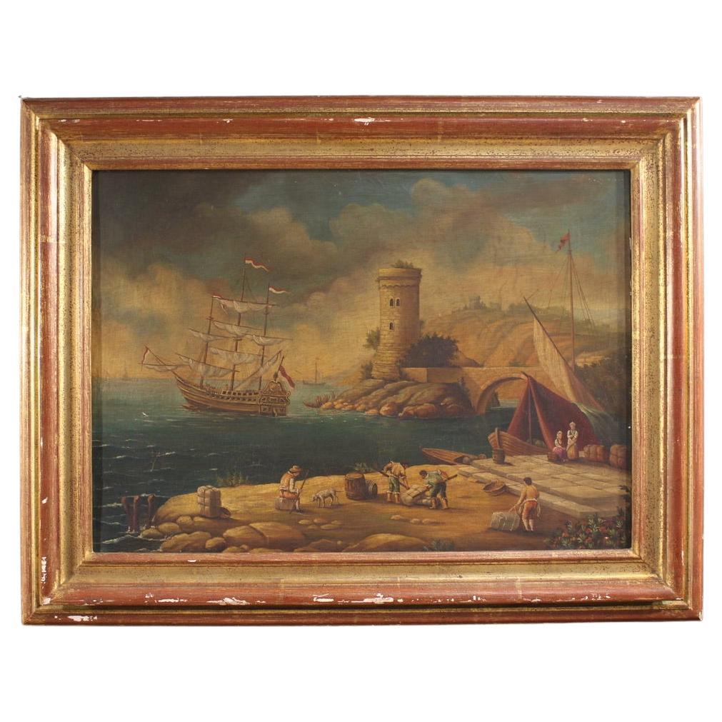 20th Century Oil on Canvas Italian Seascape Painting Harbor View, 1950s