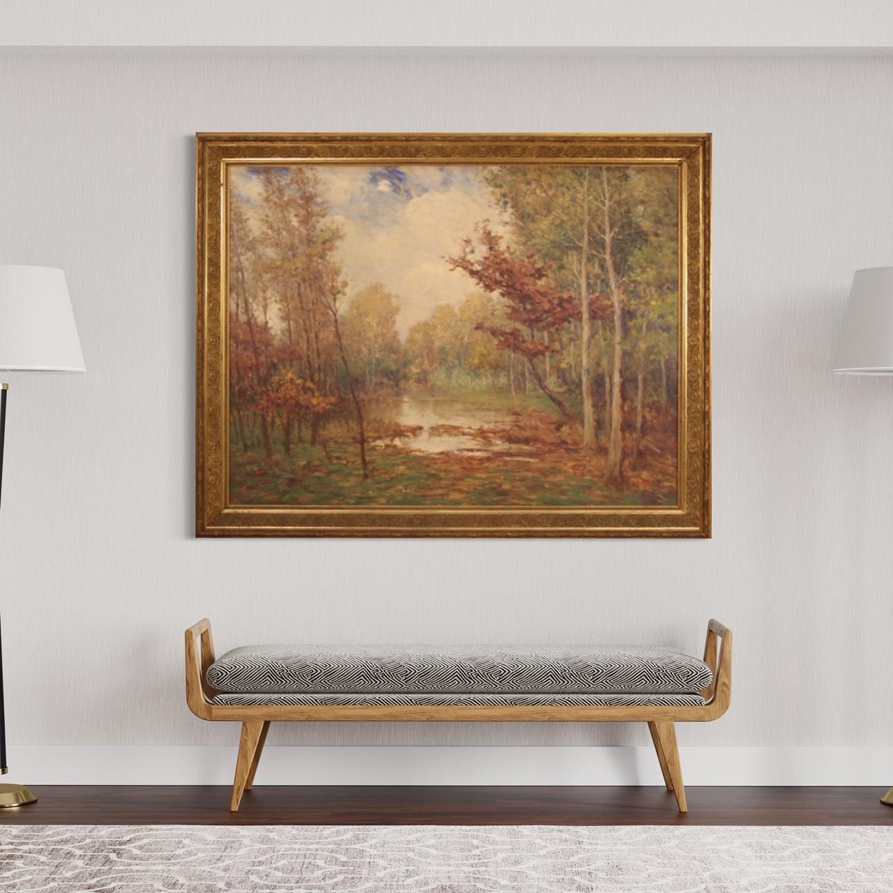 Großes italienisches Gemälde von 1940. Öl auf Karton, das eine Waldlandschaft im impressionistischen Stil mit guter malerischer Qualität darstellt. Rahmen aus Holz und Gips, angepasst an das Gemälde, fein ziseliert und vergoldet mit schöner