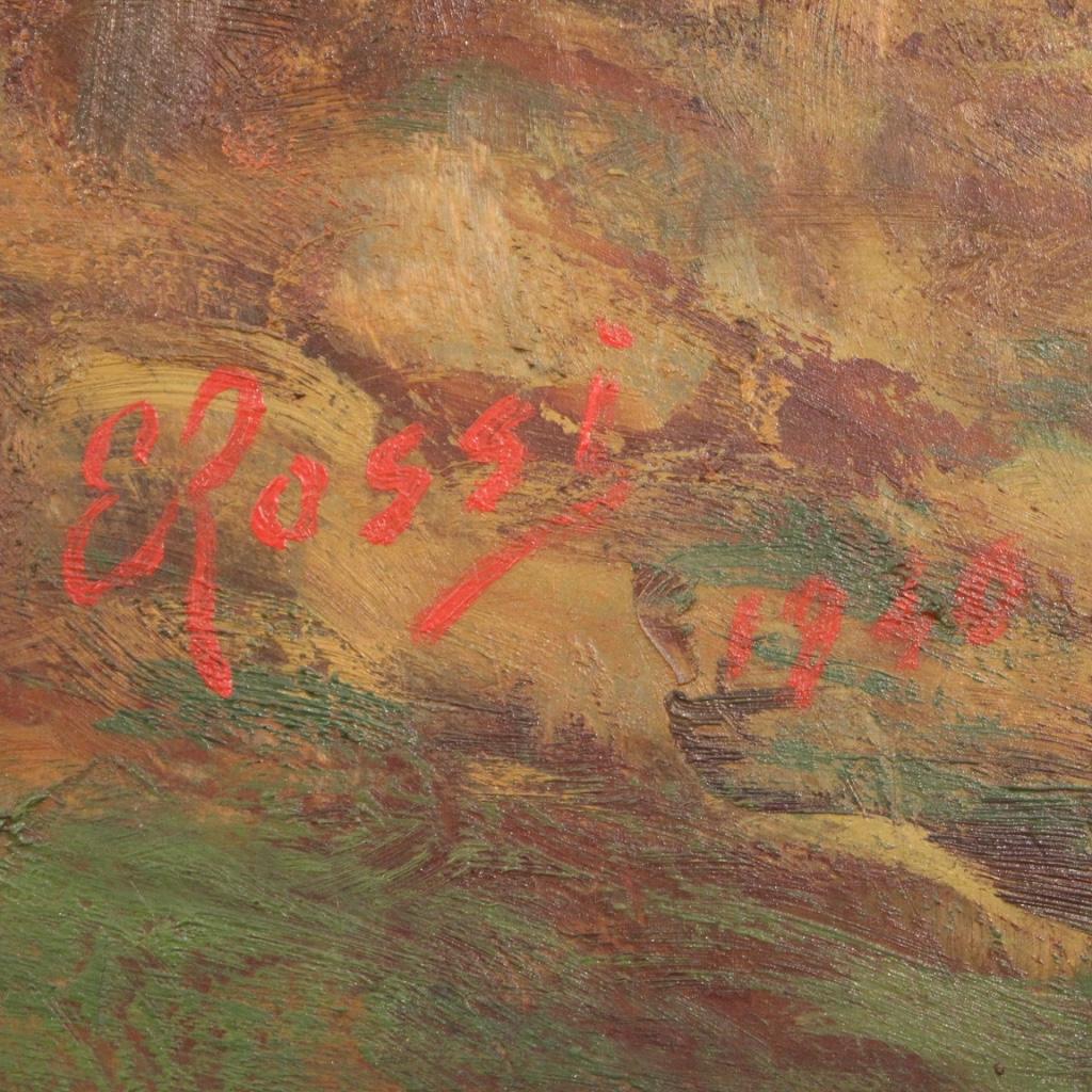 Huile sur toile du 20ème siècle - Peinture de paysage italienne signée et datée, 1940 Bon état - En vente à Vicoforte, Piedmont