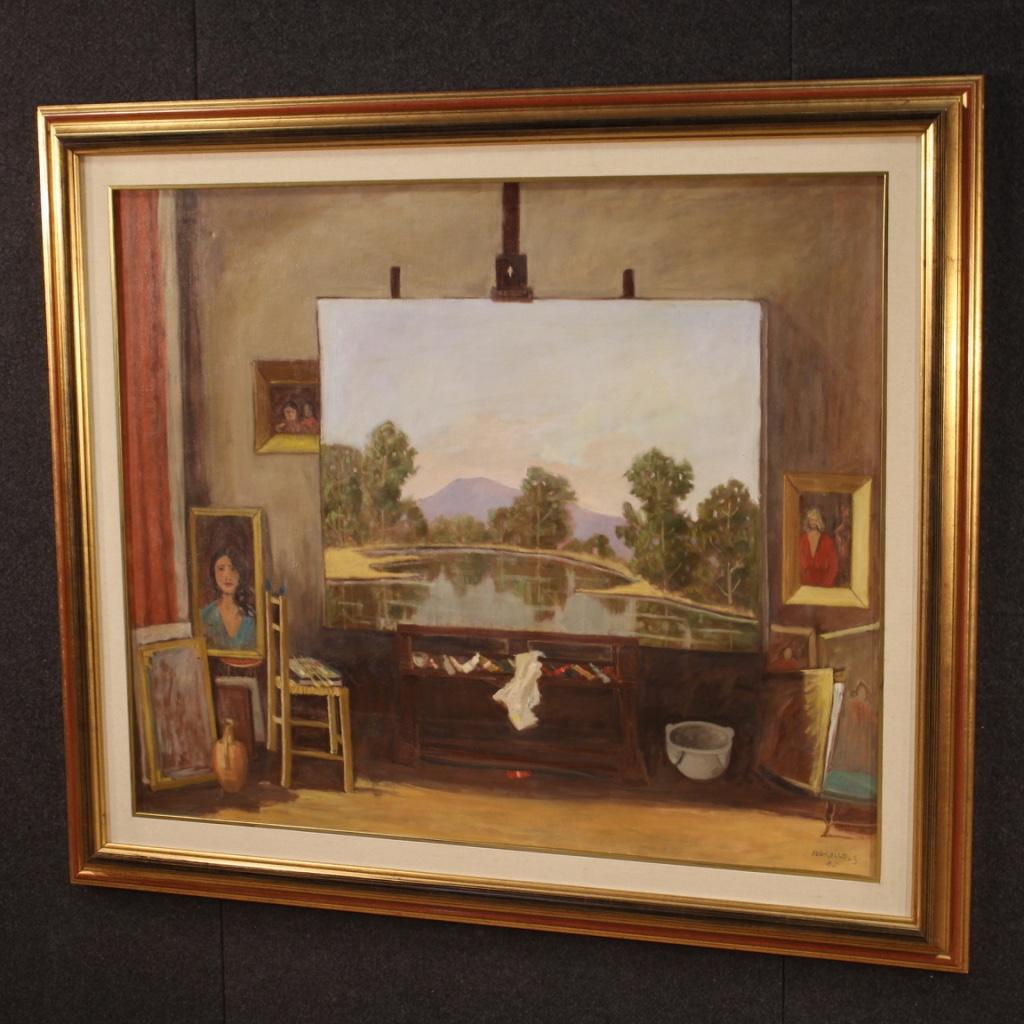 Great Italian painting dated 1985. Oil on canvas framework depicting the artist's studio of pleasant decor and good pictorial quality. Painting signed and dated lower right 