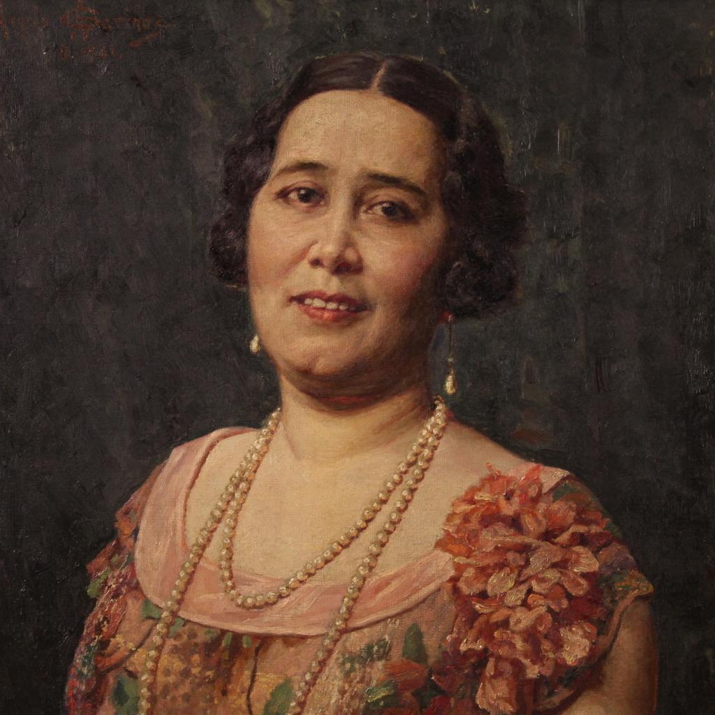 20th Century Oil on Canvas Italian Signed Angelo Garino Painting Lady Portrait In Good Condition In Vicoforte, Piedmont