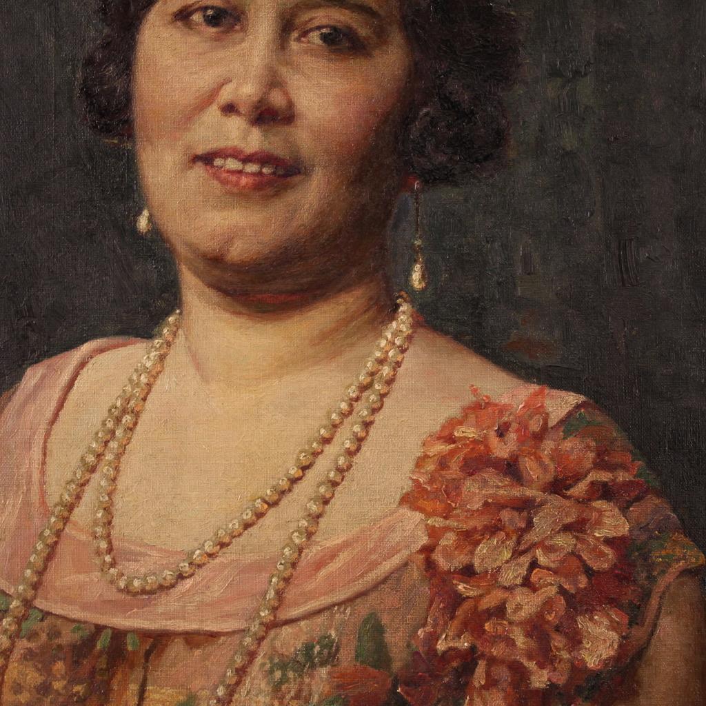 Mid-20th Century 20ème siècle Huile sur Toile Italienne Signée Angelo Garino Peinture Portrait de Femme en vente