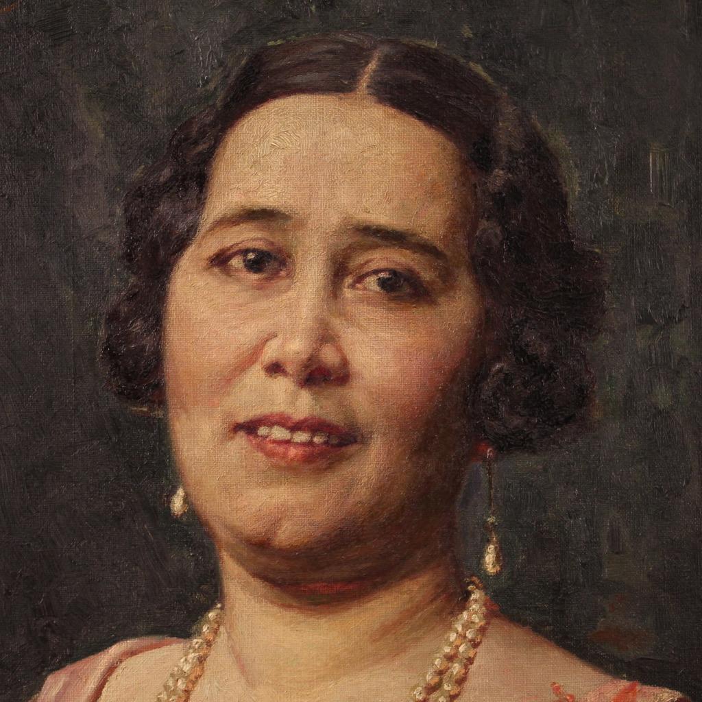 20ème siècle Huile sur Toile Italienne Signée Angelo Garino Peinture Portrait de Femme en vente 1