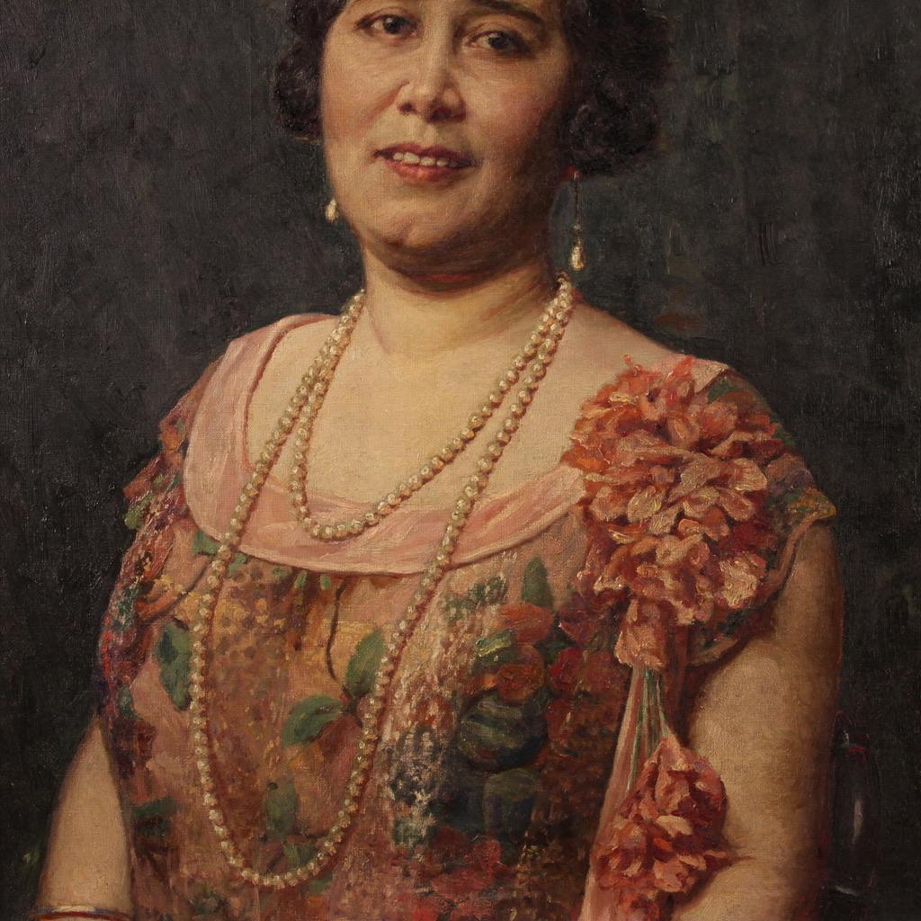 20ème siècle Huile sur Toile Italienne Signée Angelo Garino Peinture Portrait de Femme en vente 3
