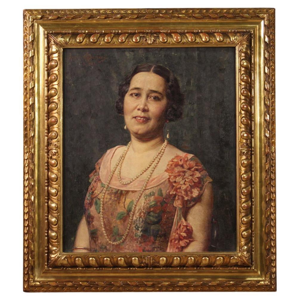 20ème siècle Huile sur Toile Italienne Signée Angelo Garino Peinture Portrait de Femme en vente