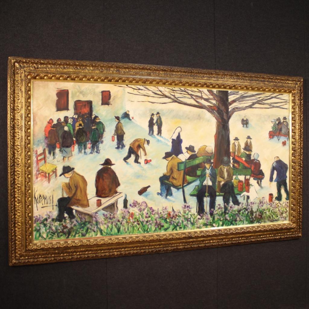 Large Italian painting from the 1970s-1980s. Framework oil on canvas, depicting a park view with characters of a particular pictorial quality. High impact painting, ideal for a living room or a large studio, finely adorned with carved and gilded