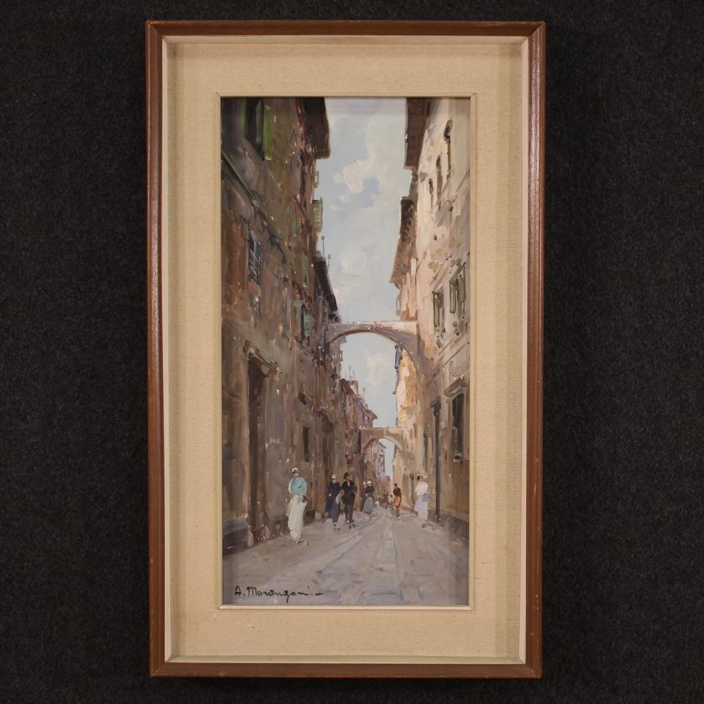 Italian painting from the second half of the 20th century. Artwork oil on canvas depicting a city view with characters in impressionist style of good pictorial quality. Painting that develops vertically, of contained size, with wooden frame complete