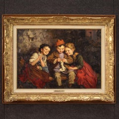 20th Century Oil on Canvas Italian Signed Genre Scene with Children Painting