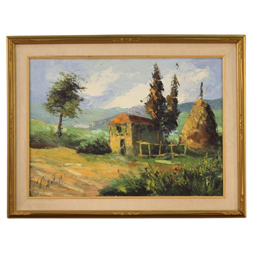 Italian painting from the second half of the 20th century. Artwork oil on canvas depicting landscape, countryside view in impressionist style of good pictorial quality. Painting of good size and pleasant furnishings adorned with a carved and gilded