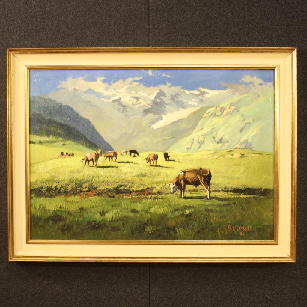 Great Italian painting from the second half of the 20th century. Framework oil on canvas depicting a mountain landscape with cows in impressionist style. Nice size framework of pleasant decor signed and dated in the lower right corner (see photo)