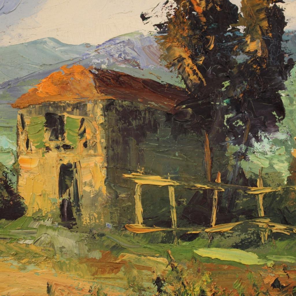 20th Century Oil on Canvas Italian Signed Landscape Painting Countryside, 1970 For Sale 7