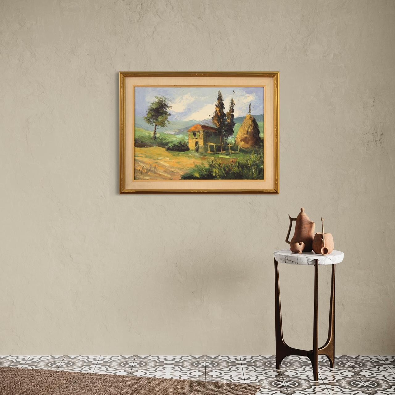 Italian painting from the second half of the 20th century. Artwork oil on canvas depicting landscape, countryside view in impressionist style of good pictorial quality. Painting of good size and pleasant furnishings adorned with a carved and gilded