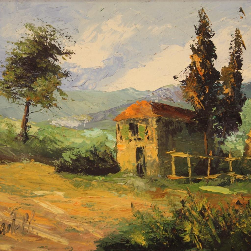 Oiled 20th Century Oil on Canvas Italian Signed Landscape Painting Countryside, 1970 For Sale