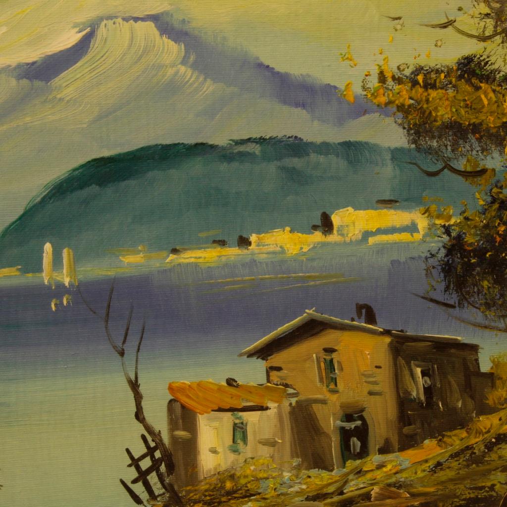 Huile sur toile italienne du 20ème siècle, peinture de paysage signée représentant une vue de lac, 1960 en vente 4