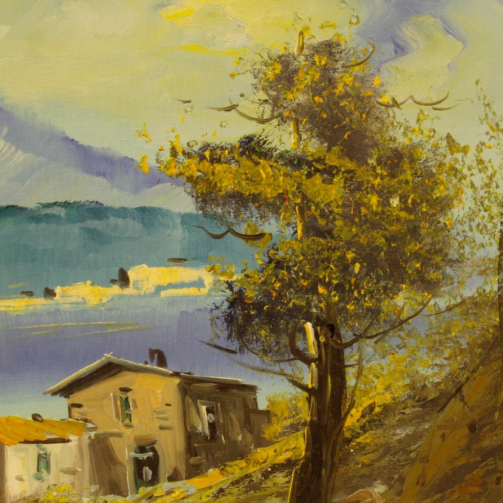 Huile sur toile italienne du 20ème siècle, peinture de paysage signée représentant une vue de lac, 1960 en vente 5