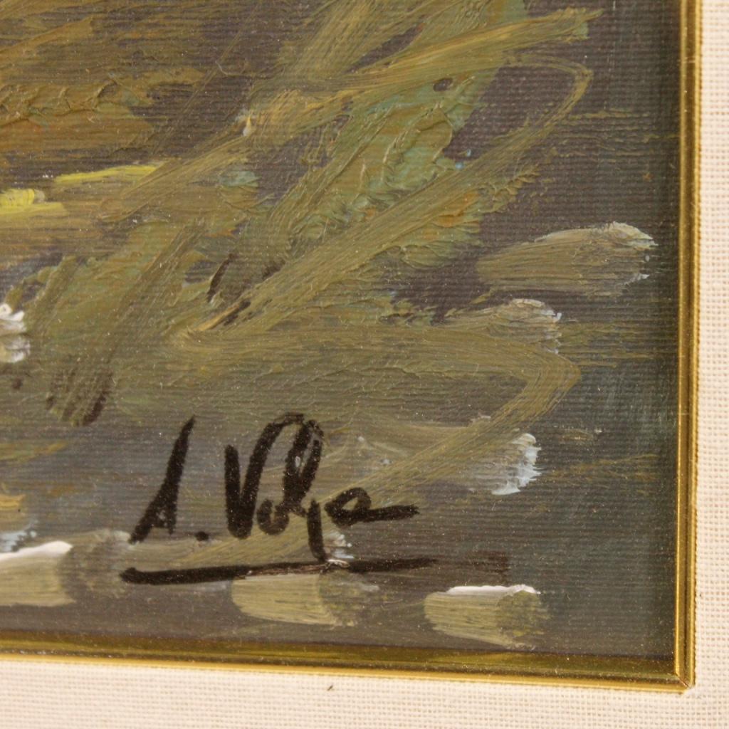 Siglo XX Óleo sobre lienzo Pintura de paisaje italiana firmada Vista de lago, 1960 en Bueno estado para la venta en Vicoforte, Piedmont