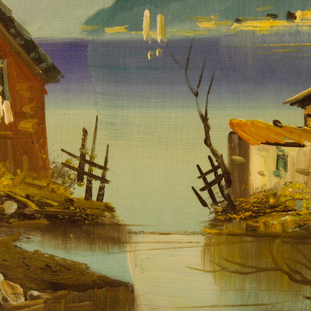Toile Huile sur toile italienne du 20ème siècle, peinture de paysage signée représentant une vue de lac, 1960 en vente