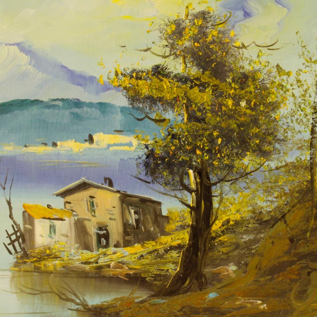 Huile sur toile italienne du 20ème siècle, peinture de paysage signée représentant une vue de lac, 1960 en vente 1