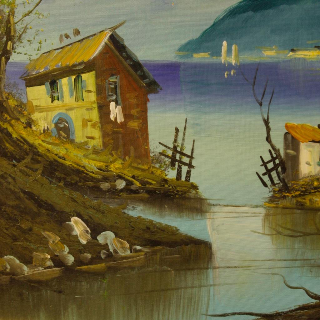 Huile sur toile italienne du 20ème siècle, peinture de paysage signée représentant une vue de lac, 1960 en vente 3