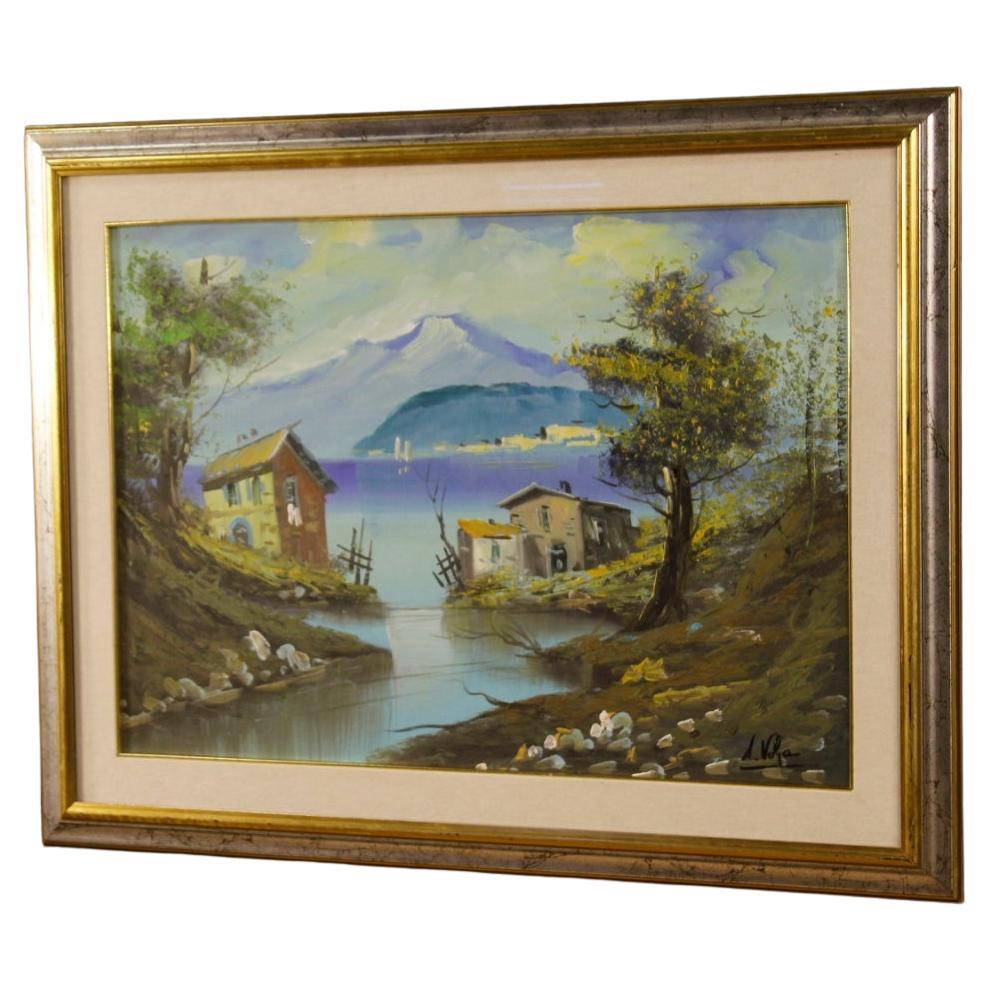 Huile sur toile italienne du 20ème siècle, peinture de paysage signée représentant une vue de lac, 1960
