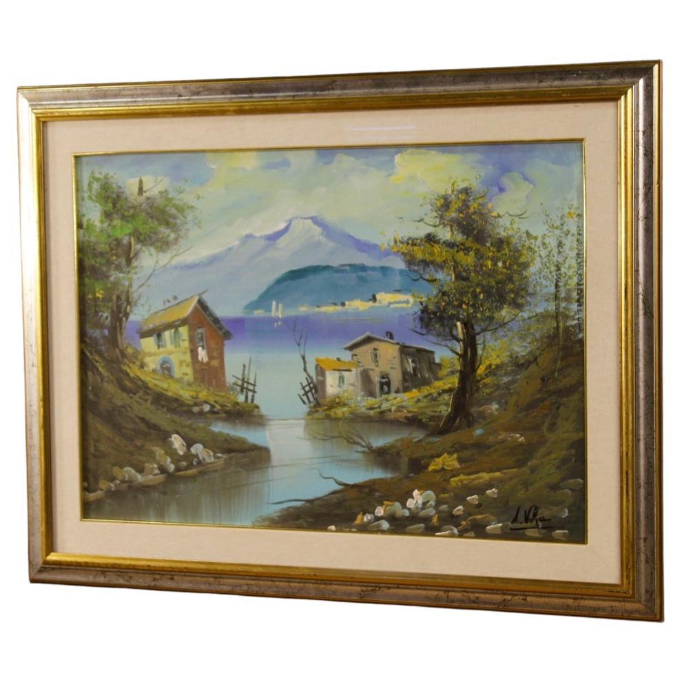 Siglo XX Óleo sobre lienzo Pintura de paisaje italiana firmada Vista de lago, 1960