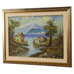 20th Century Oil on Canvas Italian Signed Landscape Painting Lake View, 1960