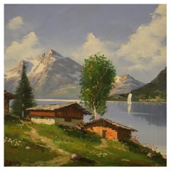 20th Century Oil on Canvas Italian Signed Mountain Lake Landscape Painting, 1980