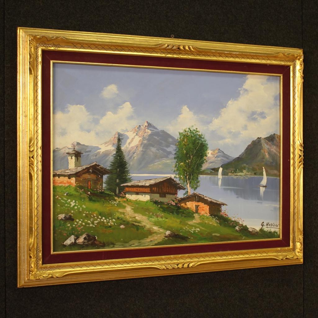 20th Century Oil on Canvas Italian Signed Mountain Lake Landscape Painting, 1980 4