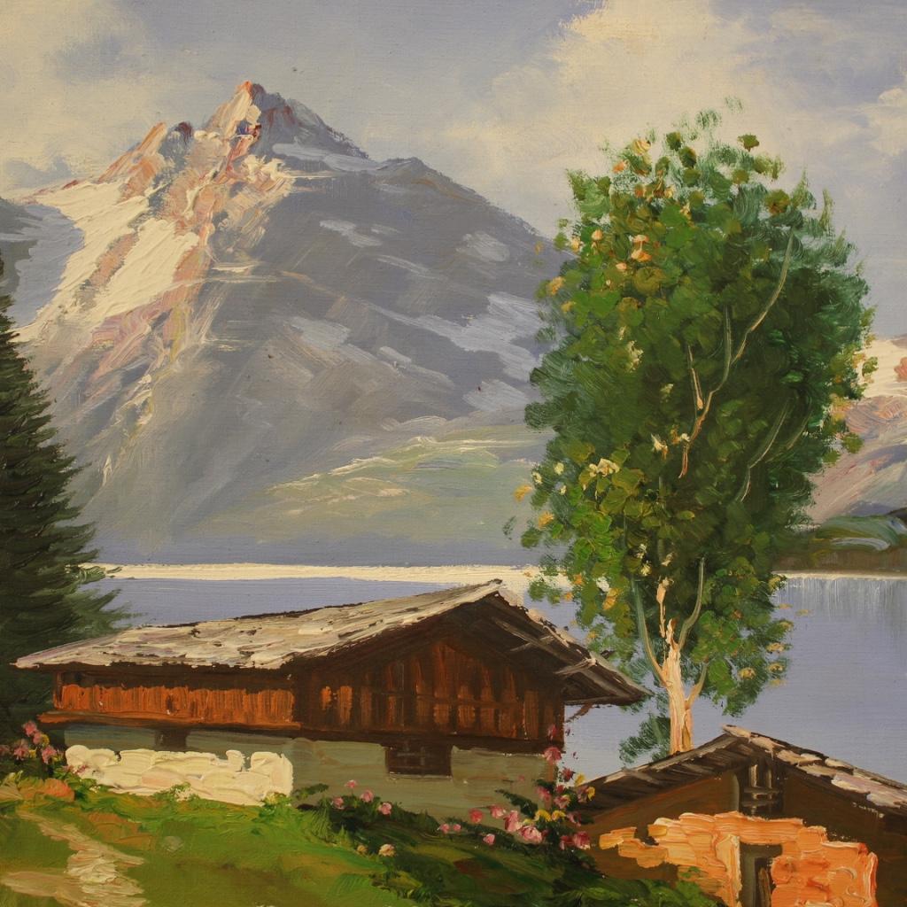 20th Century Oil on Canvas Italian Signed Mountain Lake Landscape Painting, 1980 5