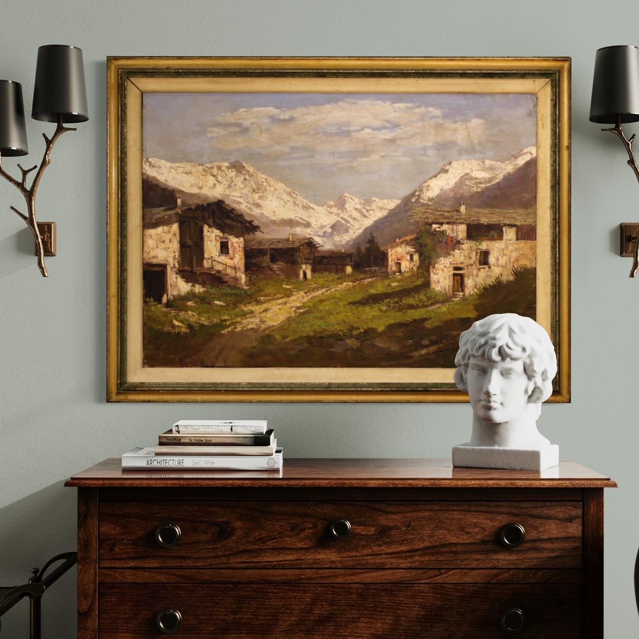 Olio su tela del XX secolo Pittura di paesaggio montano firmata italiana, 1930 10