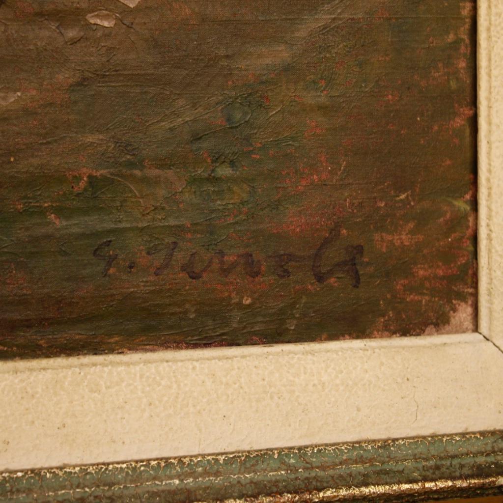 Pittura italiana della prima metà del XX secolo. Dipinto a olio su tela che raffigura un paesaggio montano con case in stile impressionista. Grande dipinto di eccellente luminosità, firmato in basso a destra con firma da decifrare. Un quadro