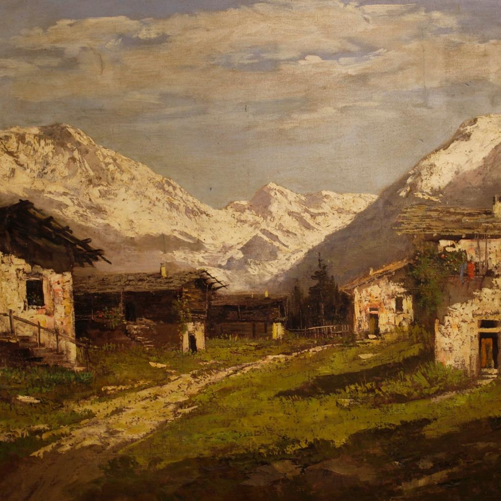 20th Century Oil on Canvas Italian Signed Mountain Landscape Painting, 1930 In Fair Condition In Vicoforte, Piedmont