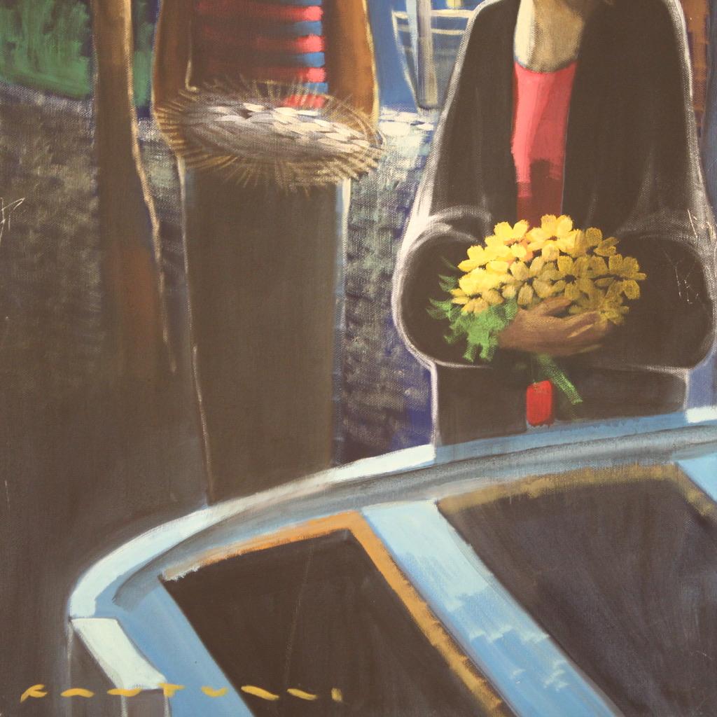 siglo XX Óleo sobre lienzo Pintura italiana firmada Personajes en la noche, 1960 en venta 4