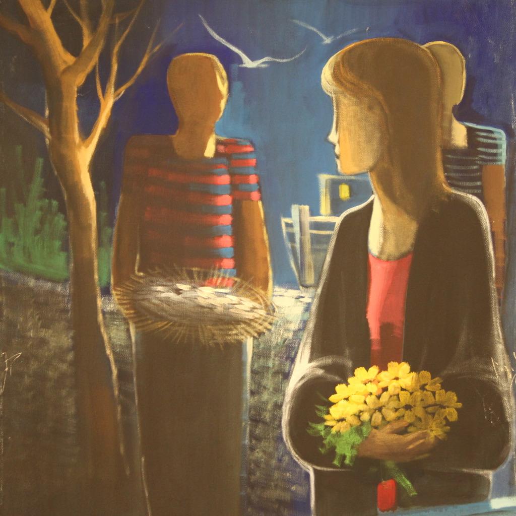 siglo XX Óleo sobre lienzo Pintura italiana firmada Personajes en la noche, 1960 en venta 5