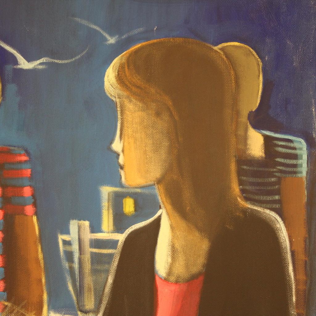 siglo XX Óleo sobre lienzo Pintura italiana firmada Personajes en la noche, 1960 en venta 6