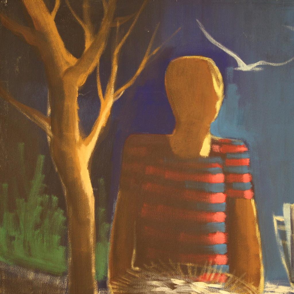 siglo XX Óleo sobre lienzo Pintura italiana firmada Personajes en la noche, 1960 en venta 7