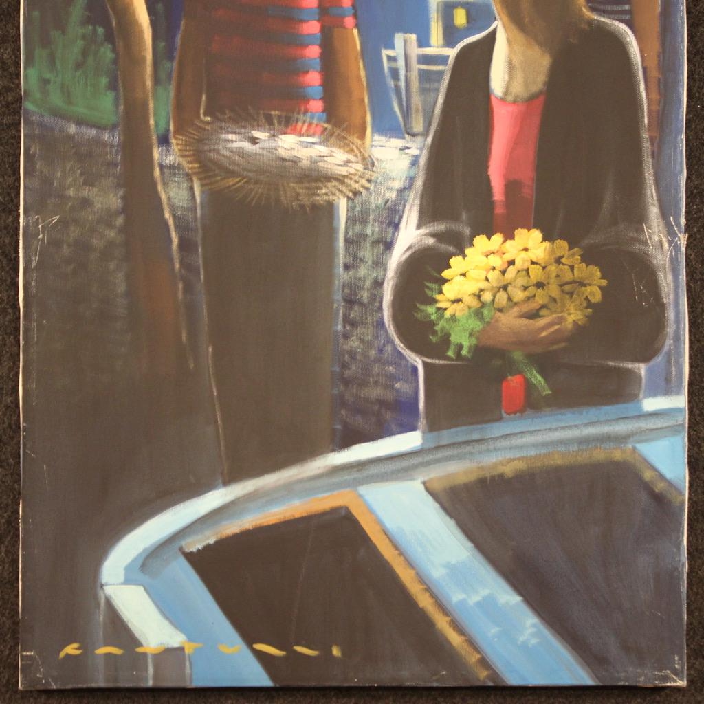 siglo XX Óleo sobre lienzo Pintura italiana firmada Personajes en la noche, 1960 en venta 8