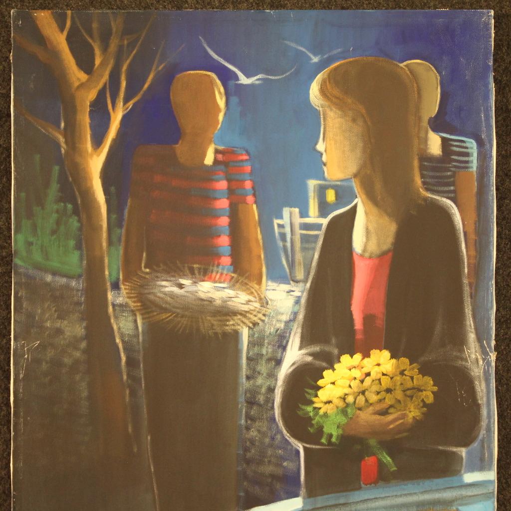 siglo XX Óleo sobre lienzo Pintura italiana firmada Personajes en la noche, 1960 Italian en venta