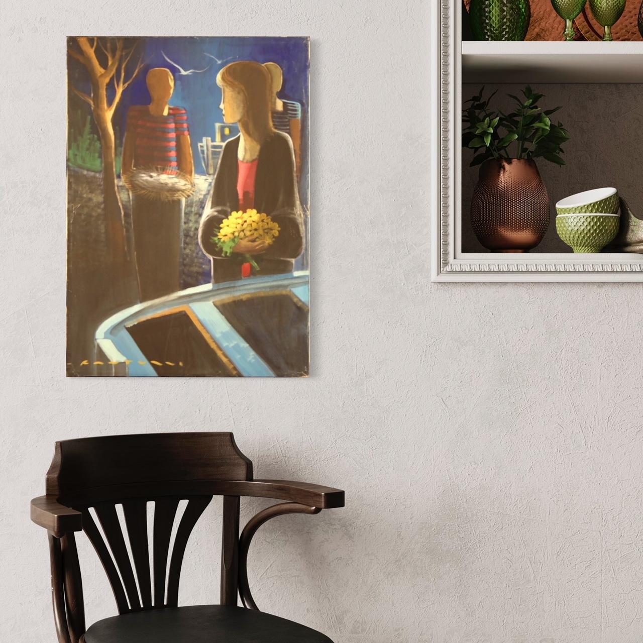siglo XX Óleo sobre lienzo Pintura italiana firmada Personajes en la noche, 1960 en venta 3