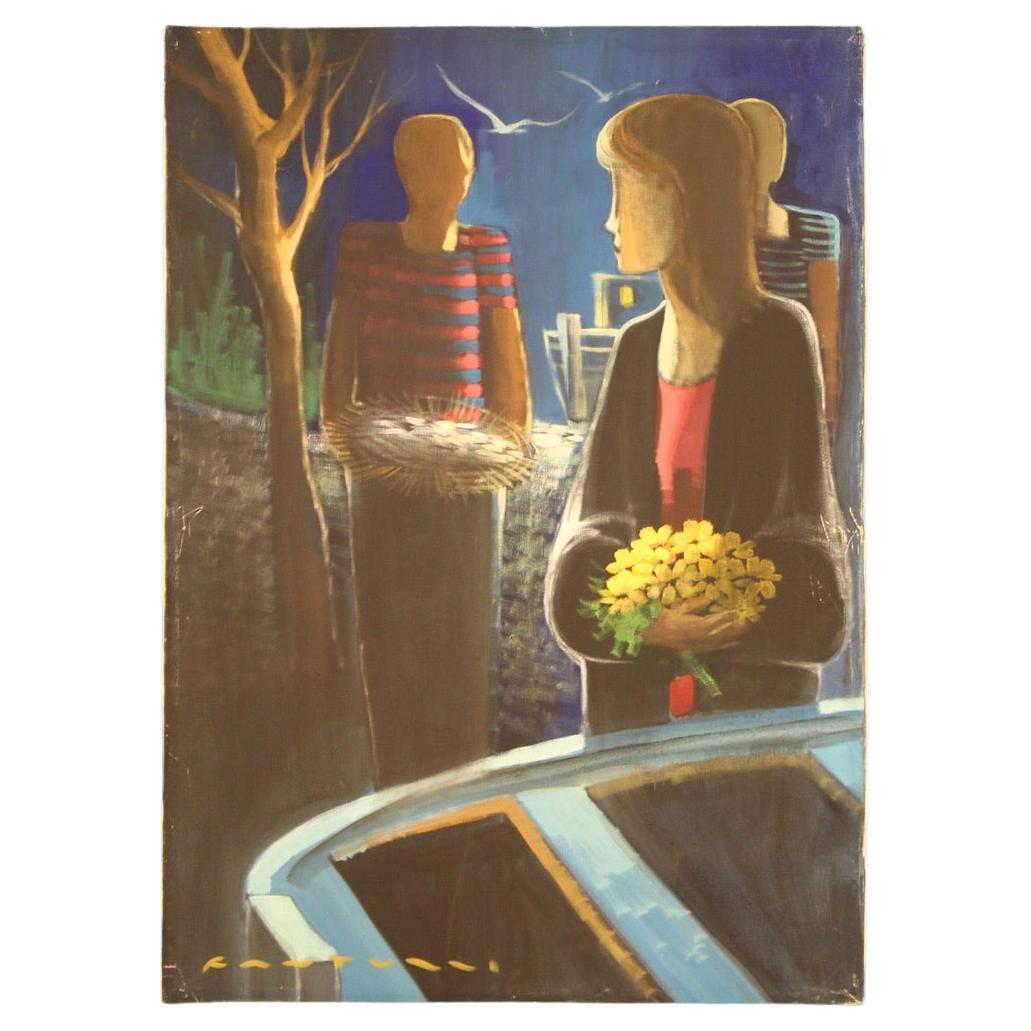 20th Century Oil on Canvas Italian Signed Painting Characters in the Night, 1960 For Sale