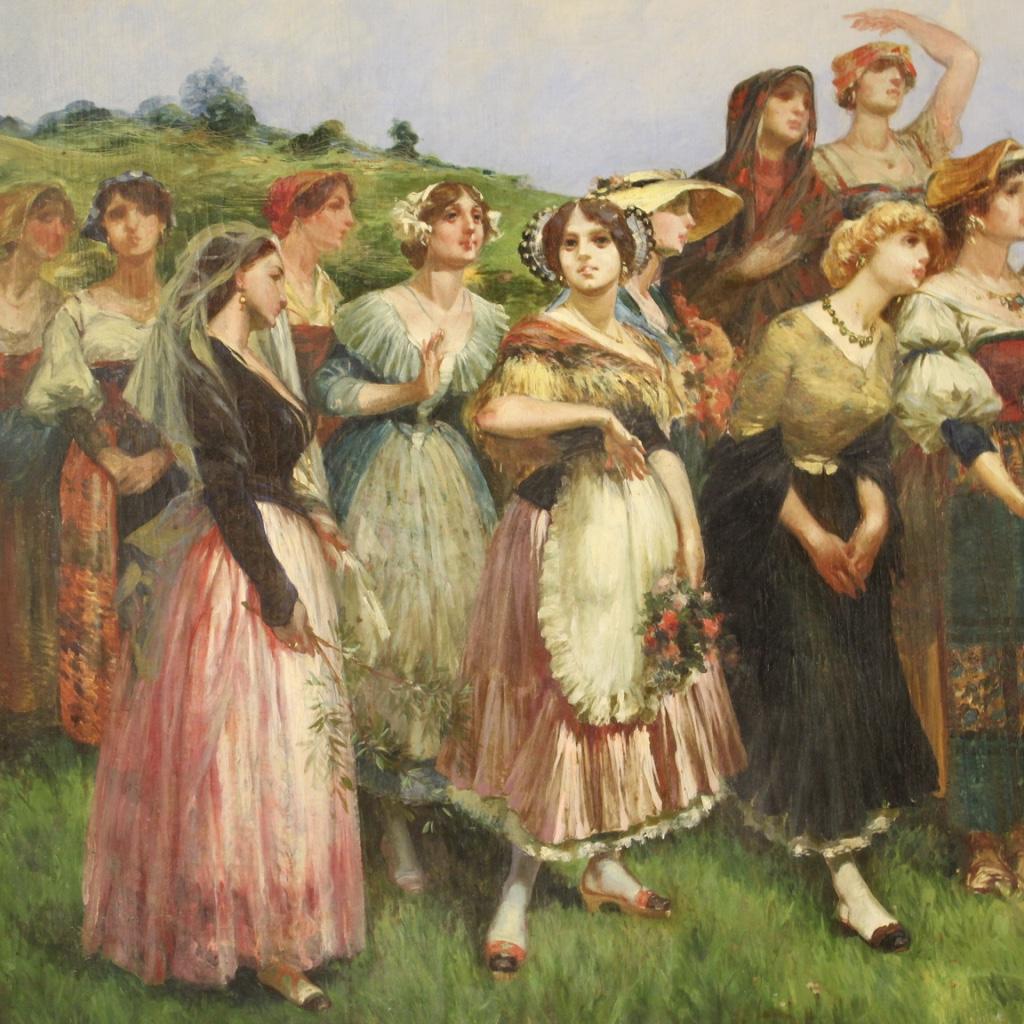 20th Century Oil on Canvas Italian Signed Painting Genre Scene Peasant Women In Good Condition In Vicoforte, Piedmont